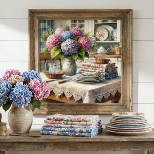 Bauernhaus Küche mit Hydrangea-Blume Poster