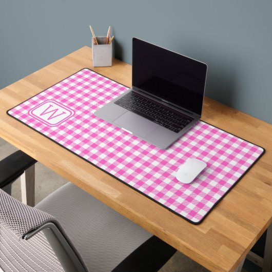 Bauernhaus Pink und White Gingham Kariert Monogram Schreibtischunterlage (Büro 2)