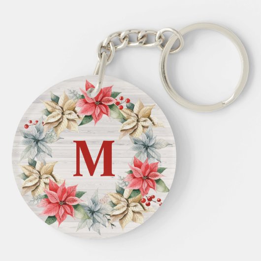 Bauernhaus Poinsettia Chic Winter Wreath Monogram Schlüsselanhänger (Rückseite)
