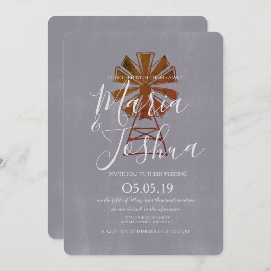 Bauernhaus Rustic Wedding Windmill Stone Einladung (Vorne/Hinten)