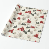 Bauernhaus Stil Rotes Winterhaus und Bäume Geschenkpapier (Ungerollt)