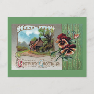 Bauernhaus und Stiefmütterchen Vintage Geburtstag Postkarte