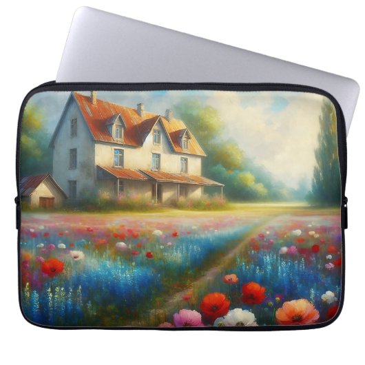 Bauernhof auf einem Feld von Blume Laptopschutzhülle (Vorderseite)