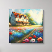 Bauernhof auf einem Feld von Blume Leinwanddruck (Vorderseite)