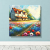 Bauernhof auf einem Feld von Blume Leinwanddruck (Insitu (Holzboden))