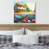 Bauernhof auf einem Feld von Blume Leinwanddruck (Insitu (Schlafzimmer))