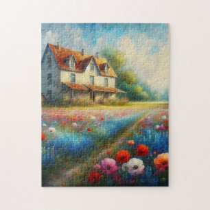 Bauernhof auf einem Feld von Blume Puzzle