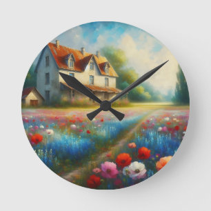 Bauernhof auf einem Feld von Blume Runde Wanduhr
