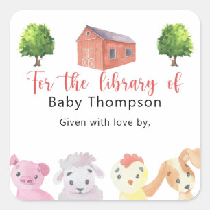 Bauernhof - Baby Shower Exlibris, Bücher für Baby Quadratischer Aufkleber