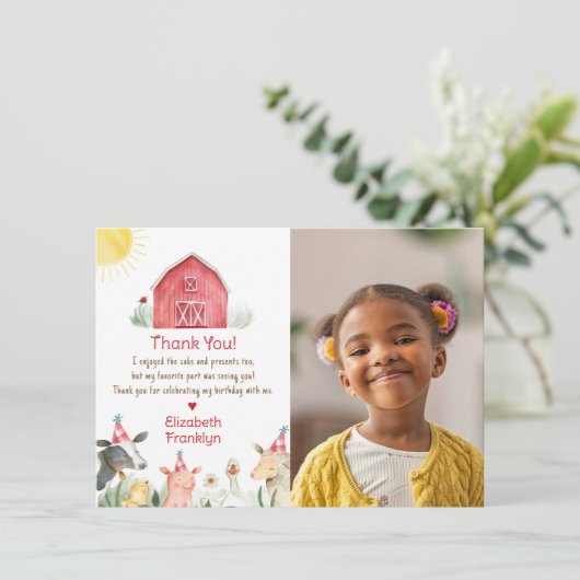 Bauernhof Barnyard Birthday Rotes Karo Foto Dankeskarte (Stehend Vorderseite)