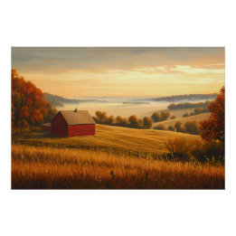 Bauernhof bei Sonnenaufgang mit Rolling Hills Poster