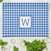 Bauernhof Blau und Weiß Gingham Kariert Monogram Geschirrtuch (Gefaltet)