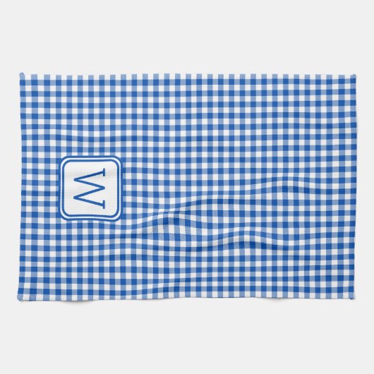 Bauernhof Blau und Weiß Gingham Kariert Monogram Geschirrtuch (Horizontal)