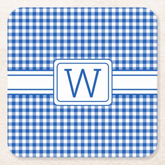 Bauernhof Blau und Weiß Gingham Kariert Monogram Rechteckiger Pappuntersetzer (Vorderseite)