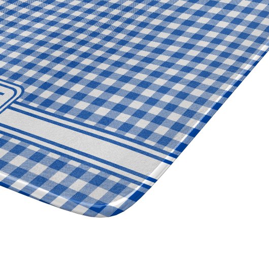 Bauernhof Blau und Weiß Gingham Kariert Monogram Schneidebrett (Ecke)