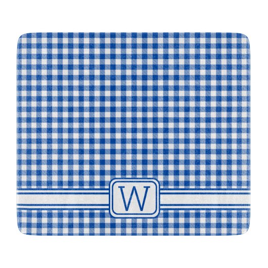 Bauernhof Blau und Weiß Gingham Kariert Monogram Schneidebrett (Vorderseite)