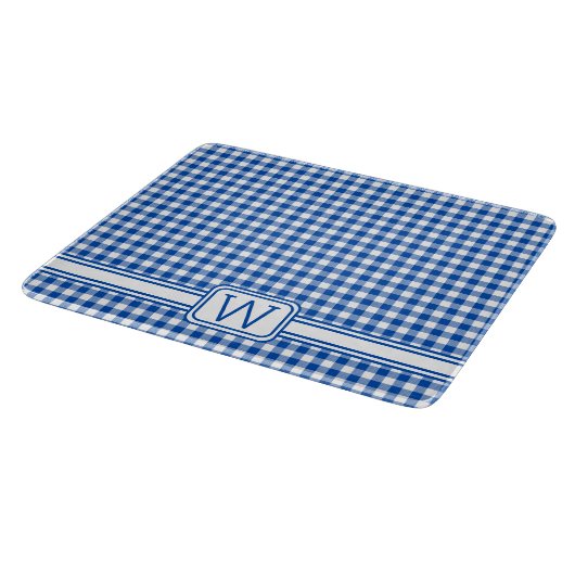 Bauernhof Blau und Weiß Gingham Kariert Monogram Schneidebrett (Ecke)