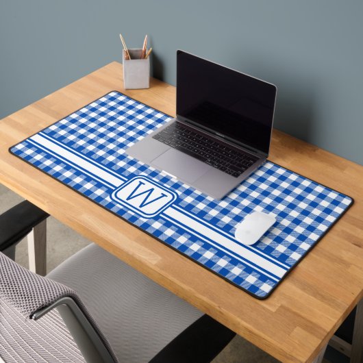 Bauernhof Blau und Weiß Gingham Kariert Monogram Schreibtischunterlage (Büro 2)