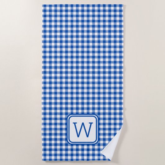 Bauernhof Blau und Weiß Gingham Kariert Monogram Strandtuch (Vorderseite)
