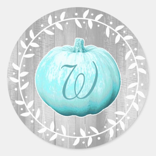 Bauernhof Blue Pumpkin & Wreath | Monogramm Runder Aufkleber (Vorderseite)