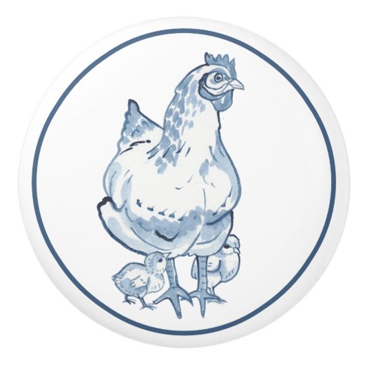 Bauernhof Blue & White Chicken Hen Chicks Delft Keramikknauf (Vorderseite)