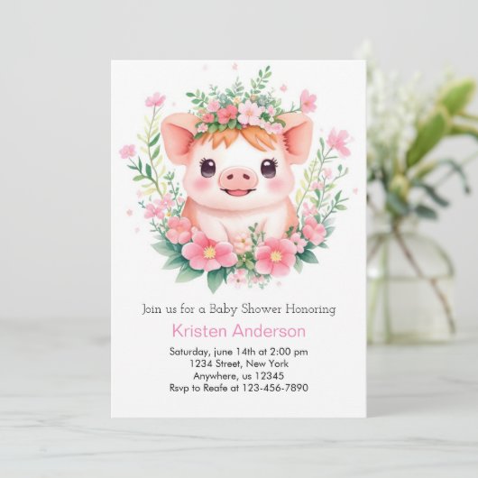 Bauernhof Blütendes Pink Piglet Girl Babydusche Einladung (Stehend Vorderseite)