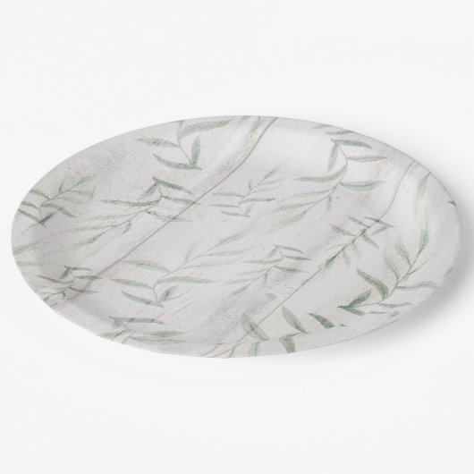 Bauernhof Botanisches Weißholz Rustikale Blätter Pappteller (Schrägansicht)