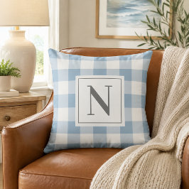 Bauernhof Dusty Blue Gingham Karo Kariert Monogram Kissen