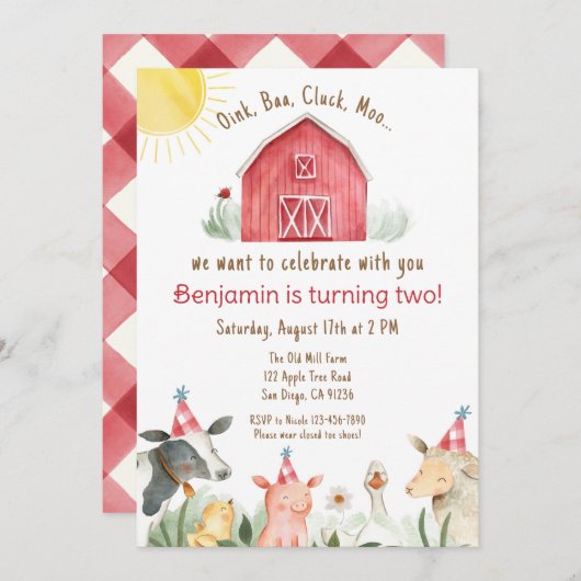 Bauernhof Geburtstag Einladung Junge oder Mädchen  (Vorne/Hinten)