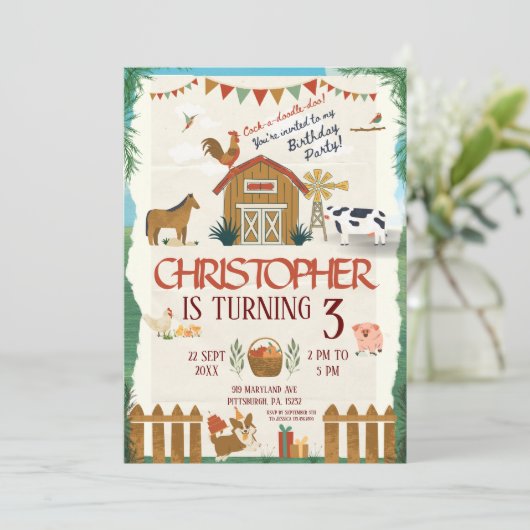 Bauernhof Geburtstagskinder-Barnyard Einladung (Stehend Vorderseite)