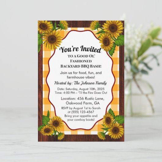 Bauernhof Gingham GRILLEN Einladung | Rustikales L (Stehend Vorderseite)