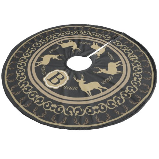 Bauernhof Glam Black & Taupe Deer Antlers & Bucks Fleece Weihnachtsbaumdecke (Schrägansicht)