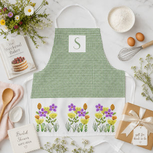 Bauernhof Green Gingham mit Wildblumen Monogram Schürze
