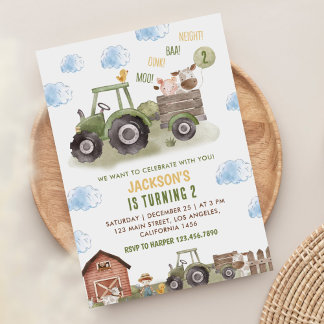Bauernhof Grüner Traktor 2. Geburtstag Party Einladung