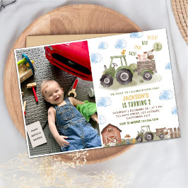 Bauernhof Grüner Traktor 2. Geburtstag Party Foto Einladung