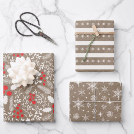 Bauernhof Holly Berries White Rustic Kraft Geschenkpapier Set