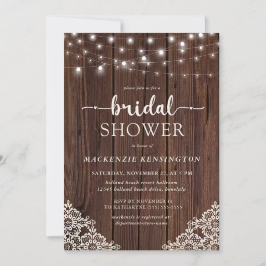 Bauernhof Holz String Lights Lace Brautparty Einladung (Vorderseite)