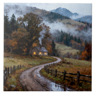 Bauernhof in den Herbstbergen Fliese