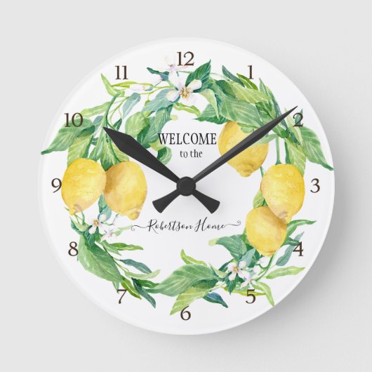 Bauernhof Küche Lemon Grüne Weinrebe Gelb Runde Wanduhr (Vorderseite)