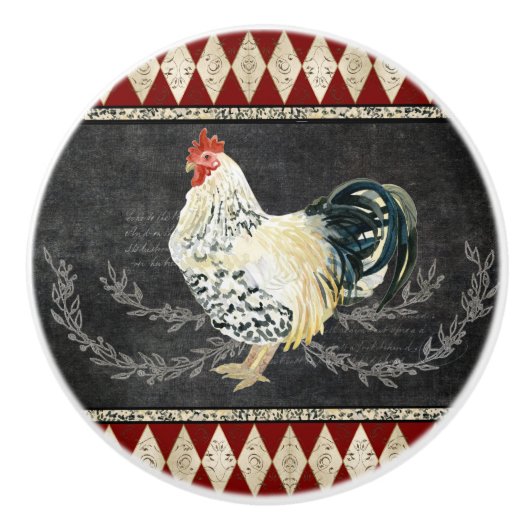 Bauernhof Küche Rooster Tafel Schwarz in Weiß Keramikknauf (Vorderseite)