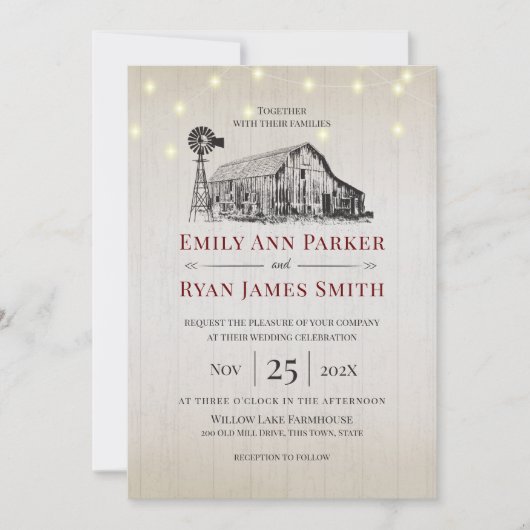 Bauernhof Land Stall Sketch und String Lights Einladung (Vorderseite)