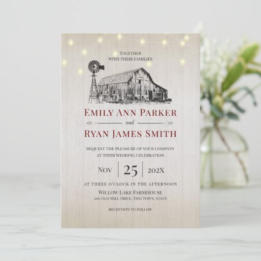 Bauernhof Land Stall Sketch und String Lights Einladung (Stehend Vorderseite)