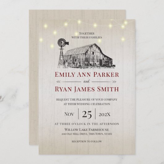 Bauernhof Land Stall Sketch und String Lights Einladung (Vorne/Hinten)