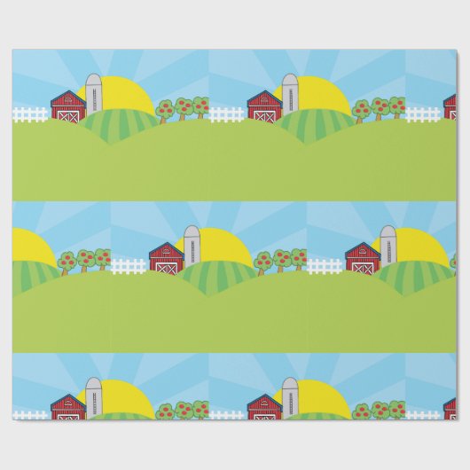Bauernhof Landschaft Rote Scheune Silo Apfelbäume Geschenkpapier (Flach)