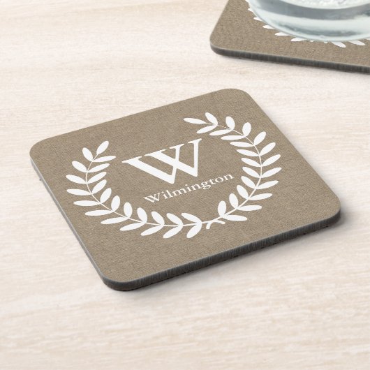 Bauernhof Laurels Imitate Burlap Familienname Getränkeuntersetzer (Linke Seite)