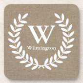 Bauernhof Laurels Imitate Burlap Familienname Getränkeuntersetzer (Vorderseite)