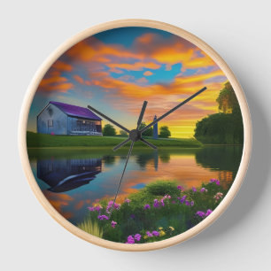 Bauernhof Lila Dachteich bei Sonnenaufgang Uhr