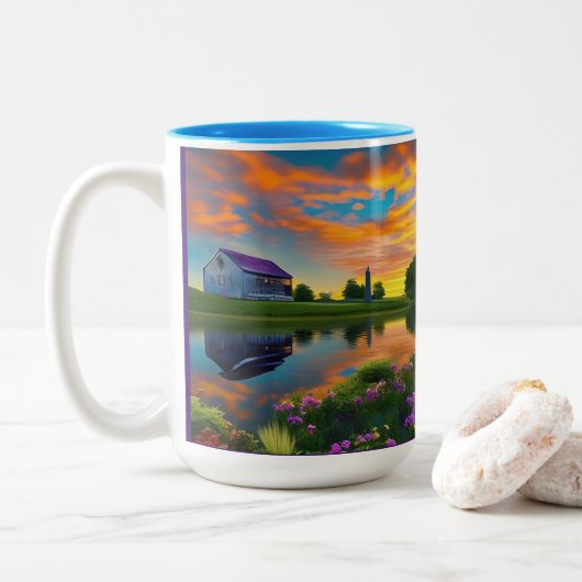 Bauernhof Lila Dachteich bei Sonnenaufgang Zweifarbige Tasse (Mit Donut)