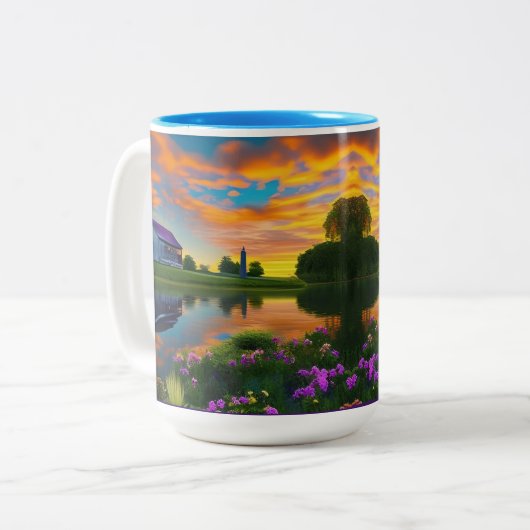 Bauernhof Lila Dachteich bei Sonnenaufgang Zweifarbige Tasse (Vorderseite Links)
