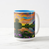 Bauernhof Lila Dachteich bei Sonnenaufgang Zweifarbige Tasse (VorderseiteRechts)